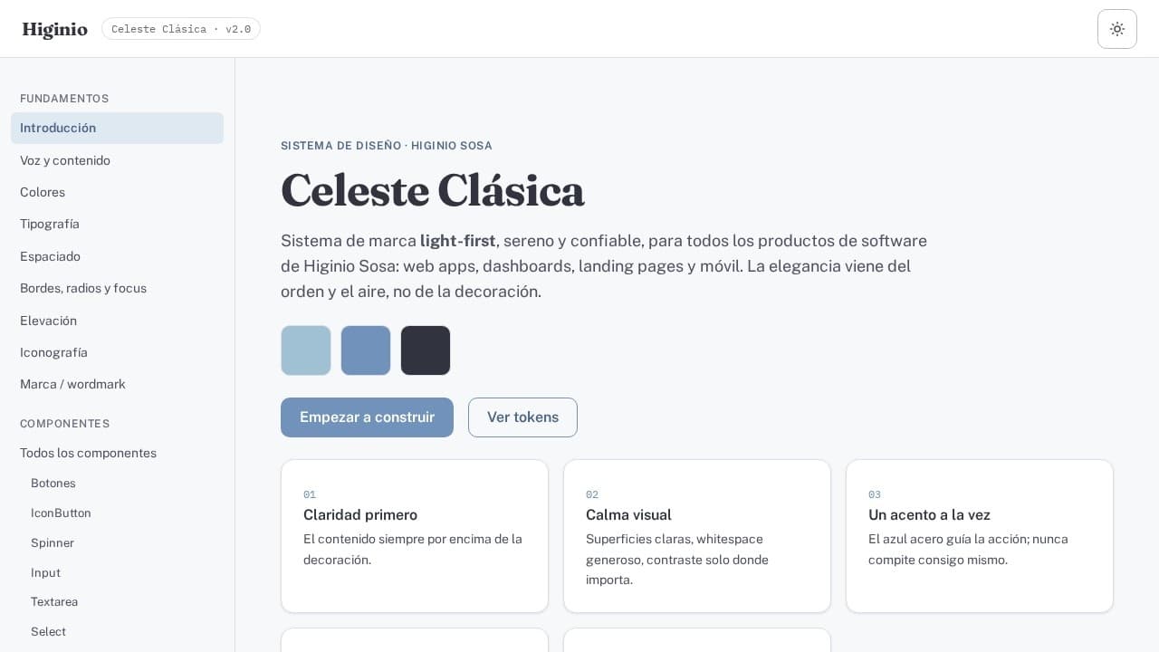 Guía de estilo Celeste Clásica con navegación, principios y componentes