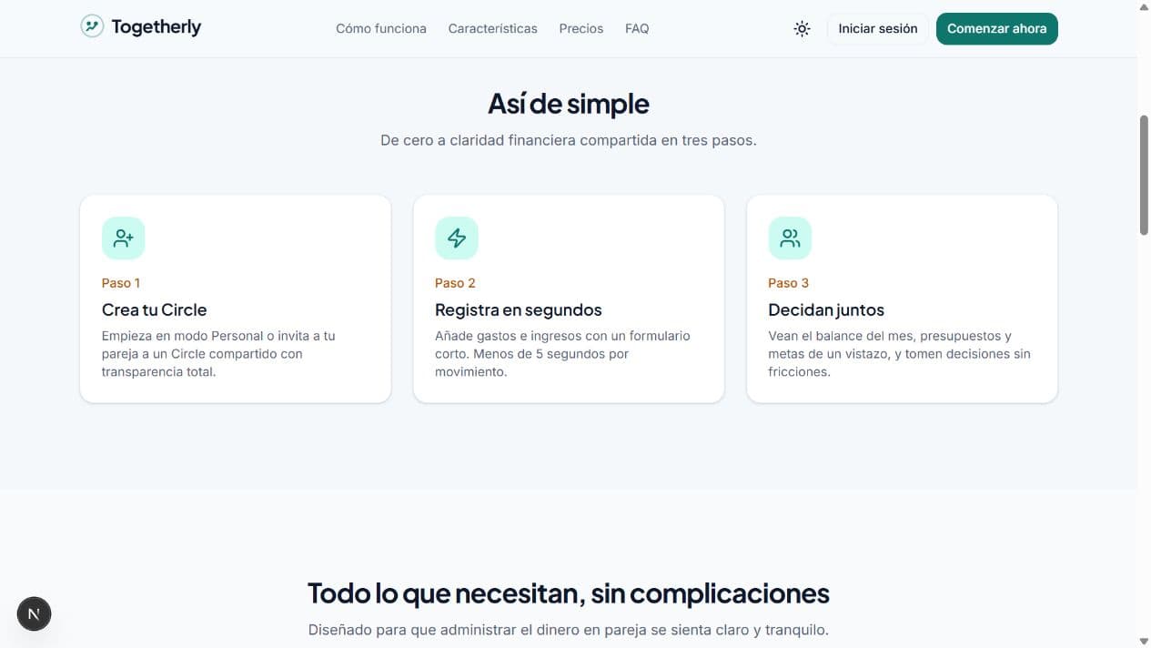 Flujo de tres pasos para empezar a usar Togetherly