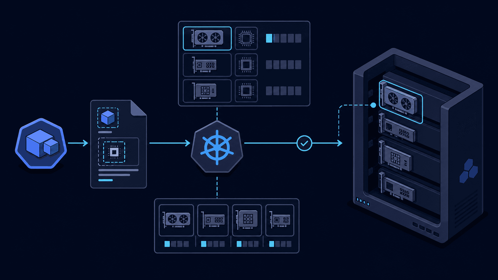 Kubernetes relaciona una solicitud de workload con una clase e inventario para reservar un acelerador compatible